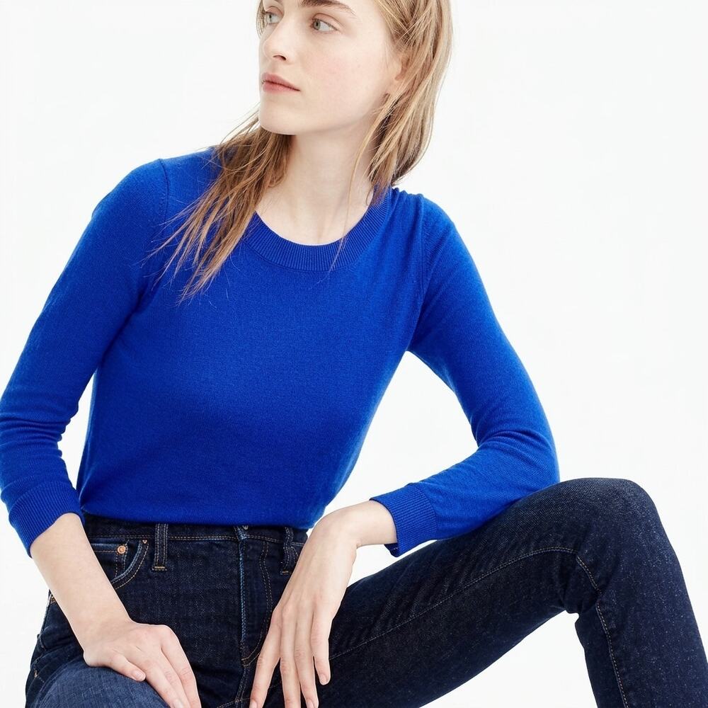 J.Crew Sweater Tippi 100% Merino Wool 3/4 Sleeve Crewneck Royal Blue Large